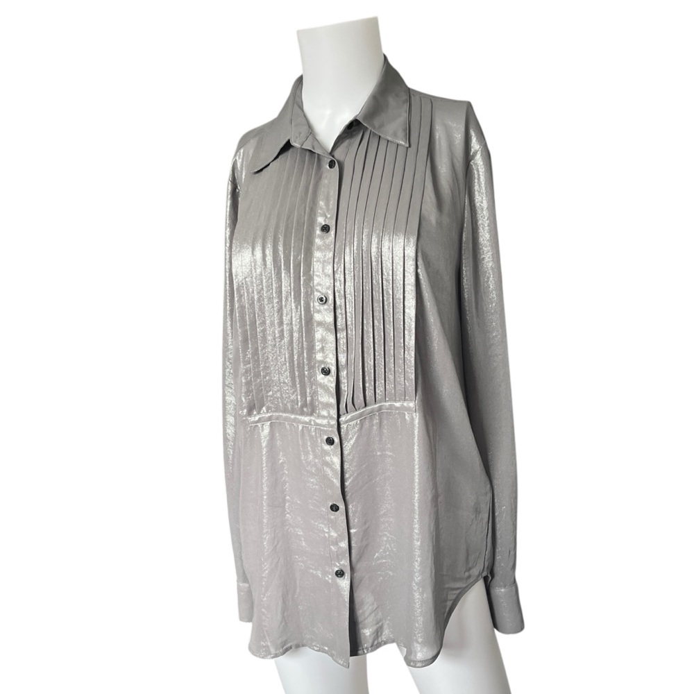 Lauren Ralph Lauren Sheer Silver Button Up Shirt Long Sleeve Pleated Size Medium